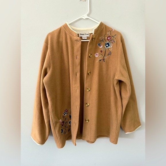 VTG Bonnie Evans Floral Embroidered Cardigan Sweater Button Down Tan Soft Size L - Picture 1 of 6